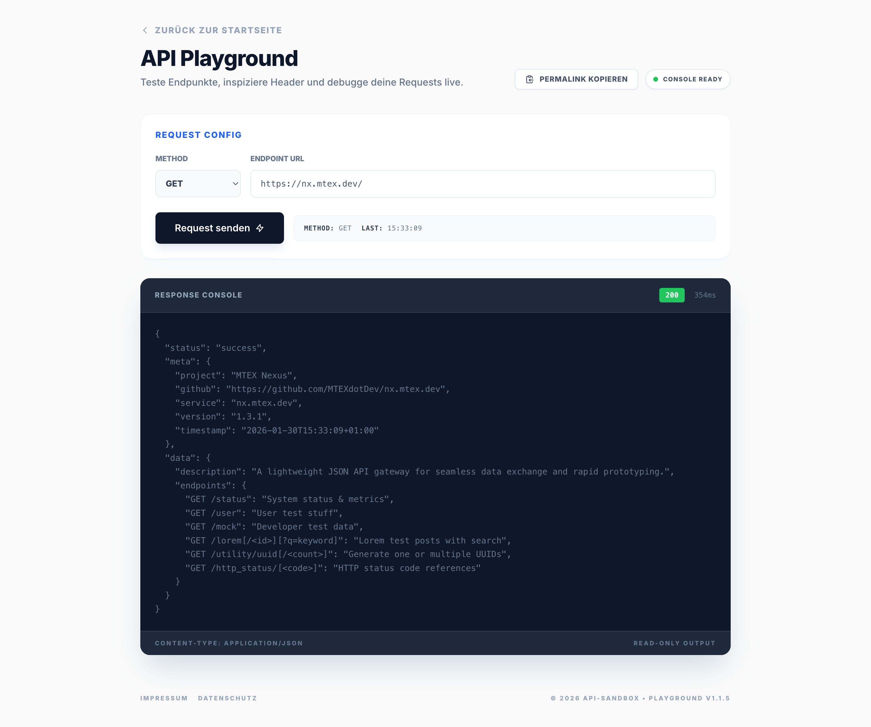Screenshot of API Sandbox Playground